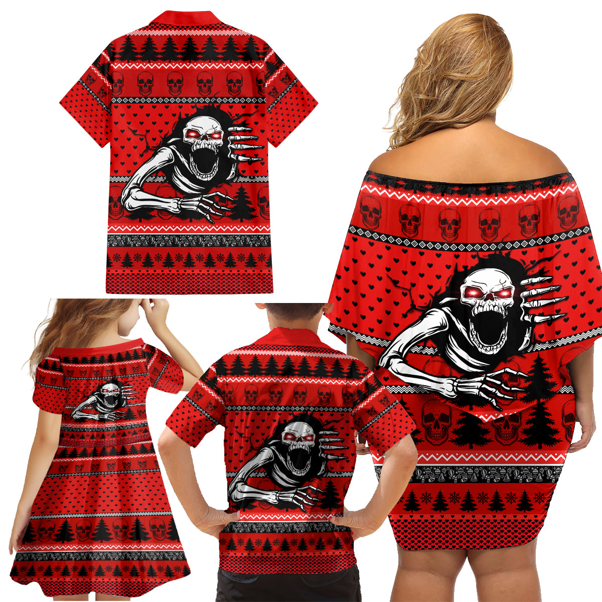 Scary Skeleton Family Matching Off Shoulder Short Dress and Hawaiian Shirt Skeleton Inside Ugly Christmas - Wonder Print Shop