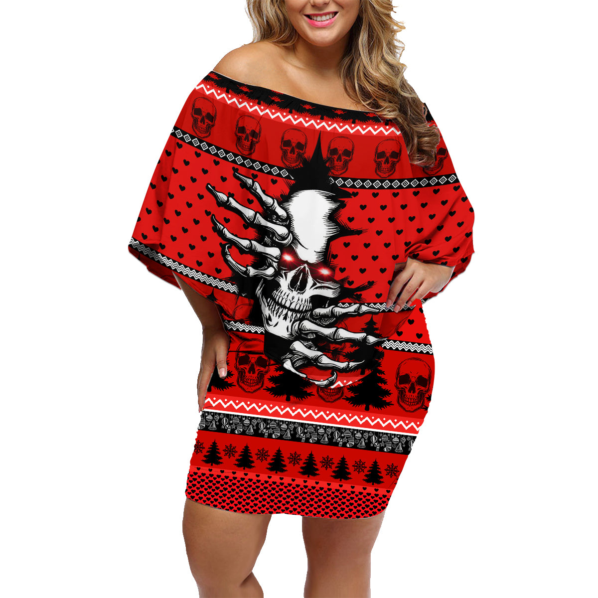 Scary Skeleton Family Matching Off Shoulder Short Dress and Hawaiian Shirt Skeleton Inside Ugly Christmas - Wonder Print Shop