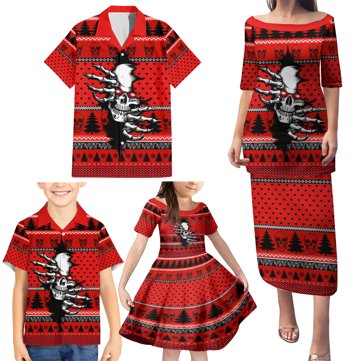 Scary Skeleton Family Matching Puletasi Dress and Hawaiian Shirt Skeleton Inside Ugly Christmas - Wonder Print Shop