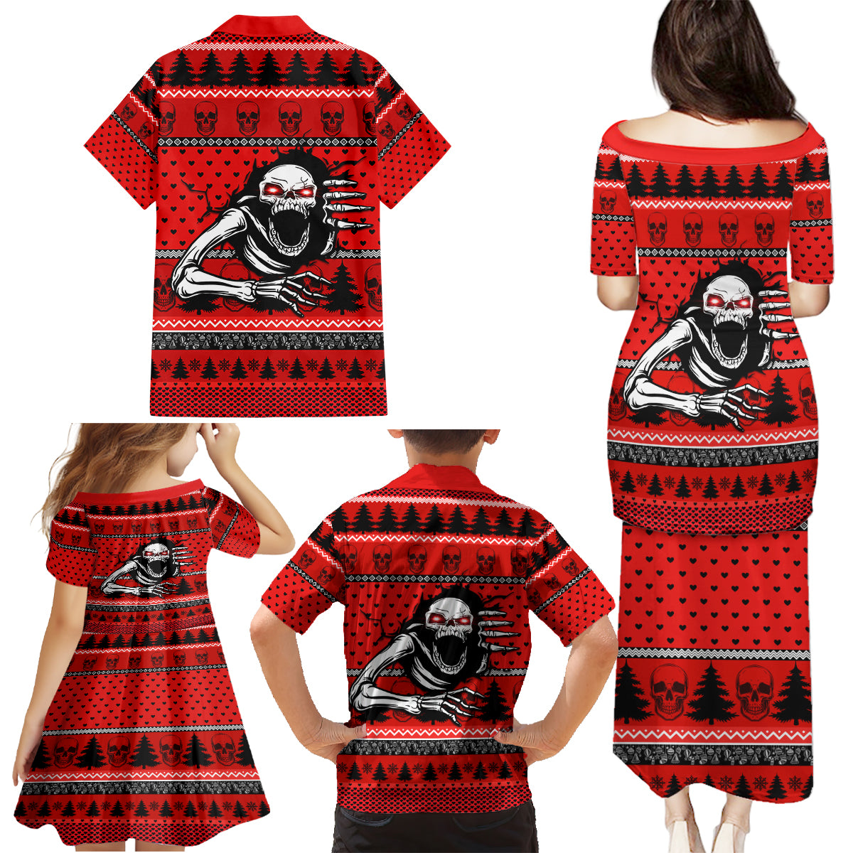 Scary Skeleton Family Matching Puletasi Dress and Hawaiian Shirt Skeleton Inside Ugly Christmas - Wonder Print Shop