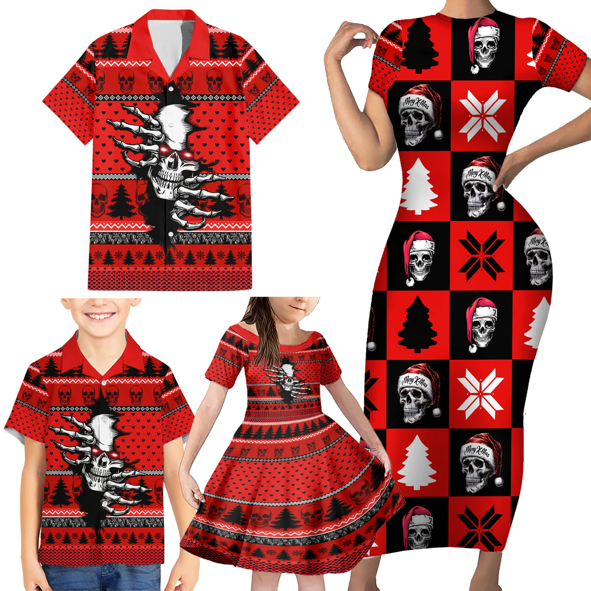 Scary Skeleton Family Matching Short Sleeve Bodycon Dress and Hawaiian Shirt Skeleton Inside Ugly Christmas - Wonder Print Shop