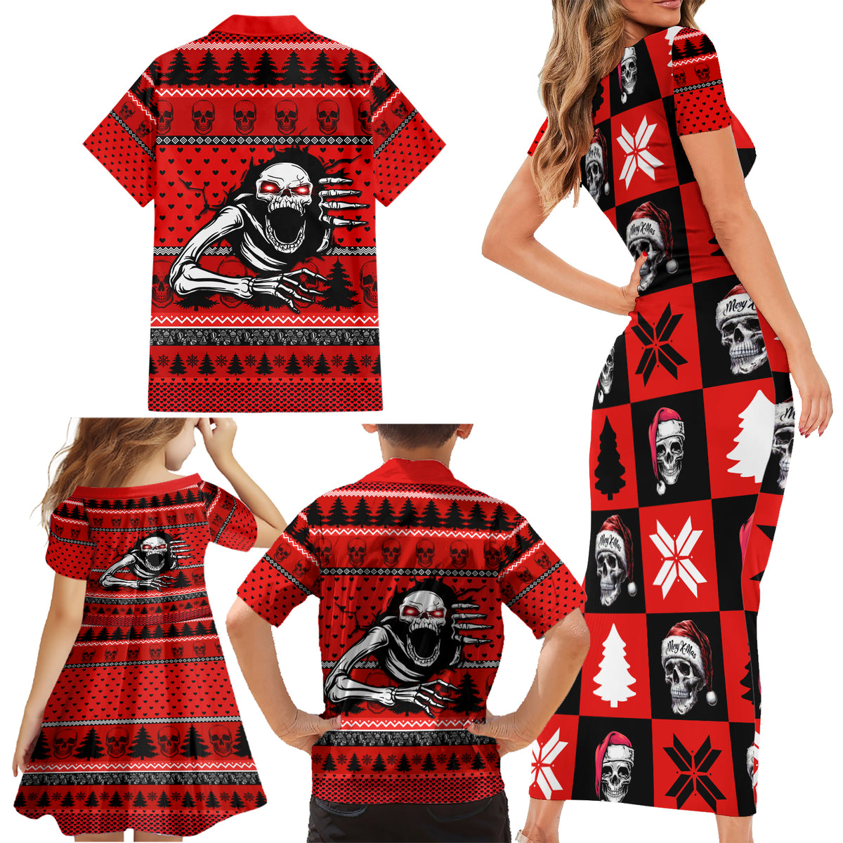 Scary Skeleton Family Matching Short Sleeve Bodycon Dress and Hawaiian Shirt Skeleton Inside Ugly Christmas - Wonder Print Shop