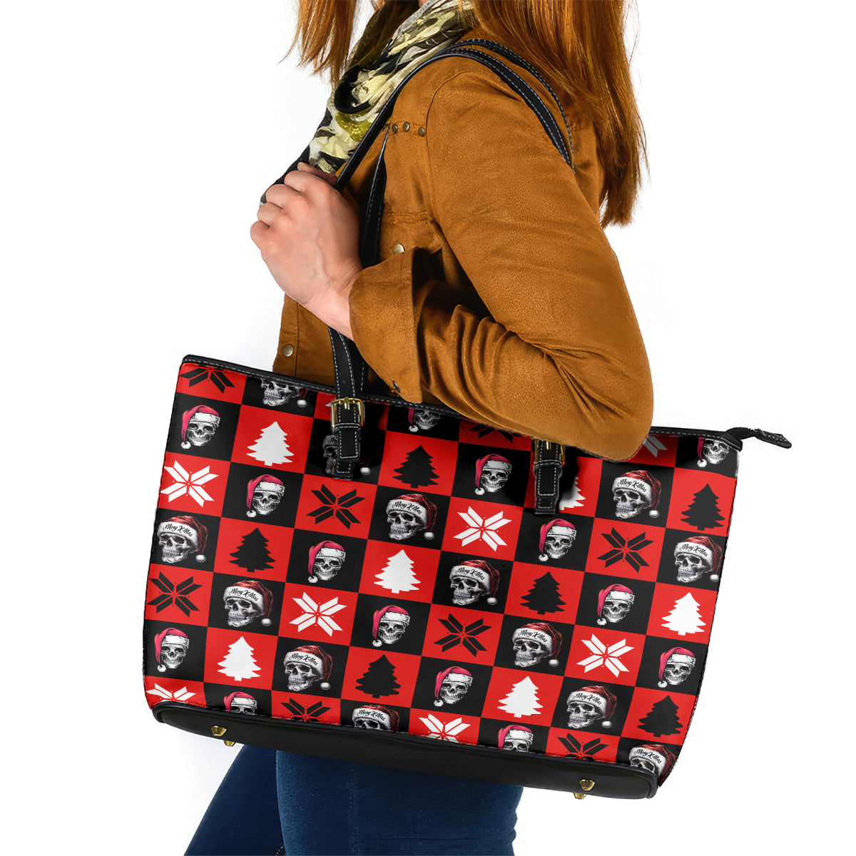 Scary Skeleton Leather Tote Bag Skeleton Inside Ugly Christmas - Wonder Print Shop