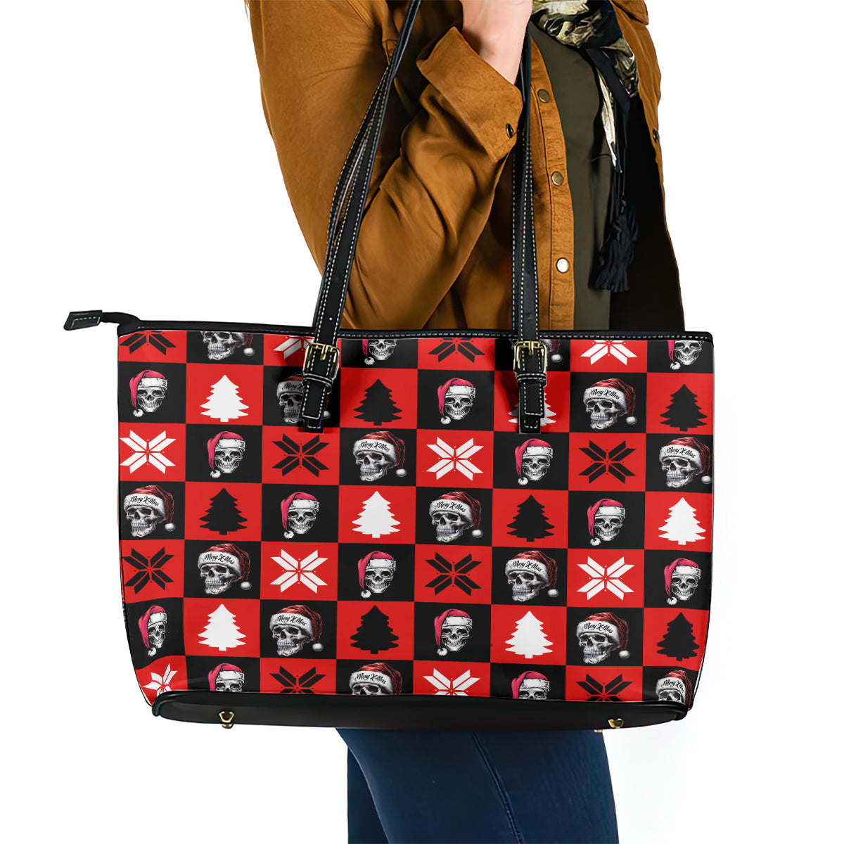 Scary Skeleton Leather Tote Bag Skeleton Inside Ugly Christmas - Wonder Print Shop