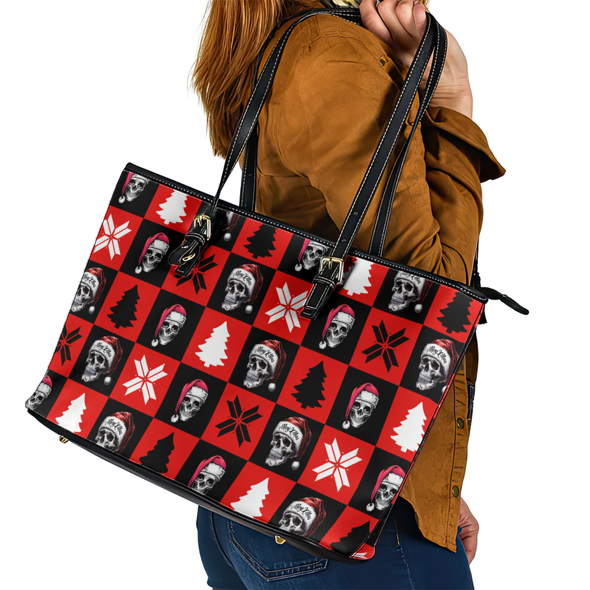 Scary Skeleton Leather Tote Bag Skeleton Inside Ugly Christmas - Wonder Print Shop