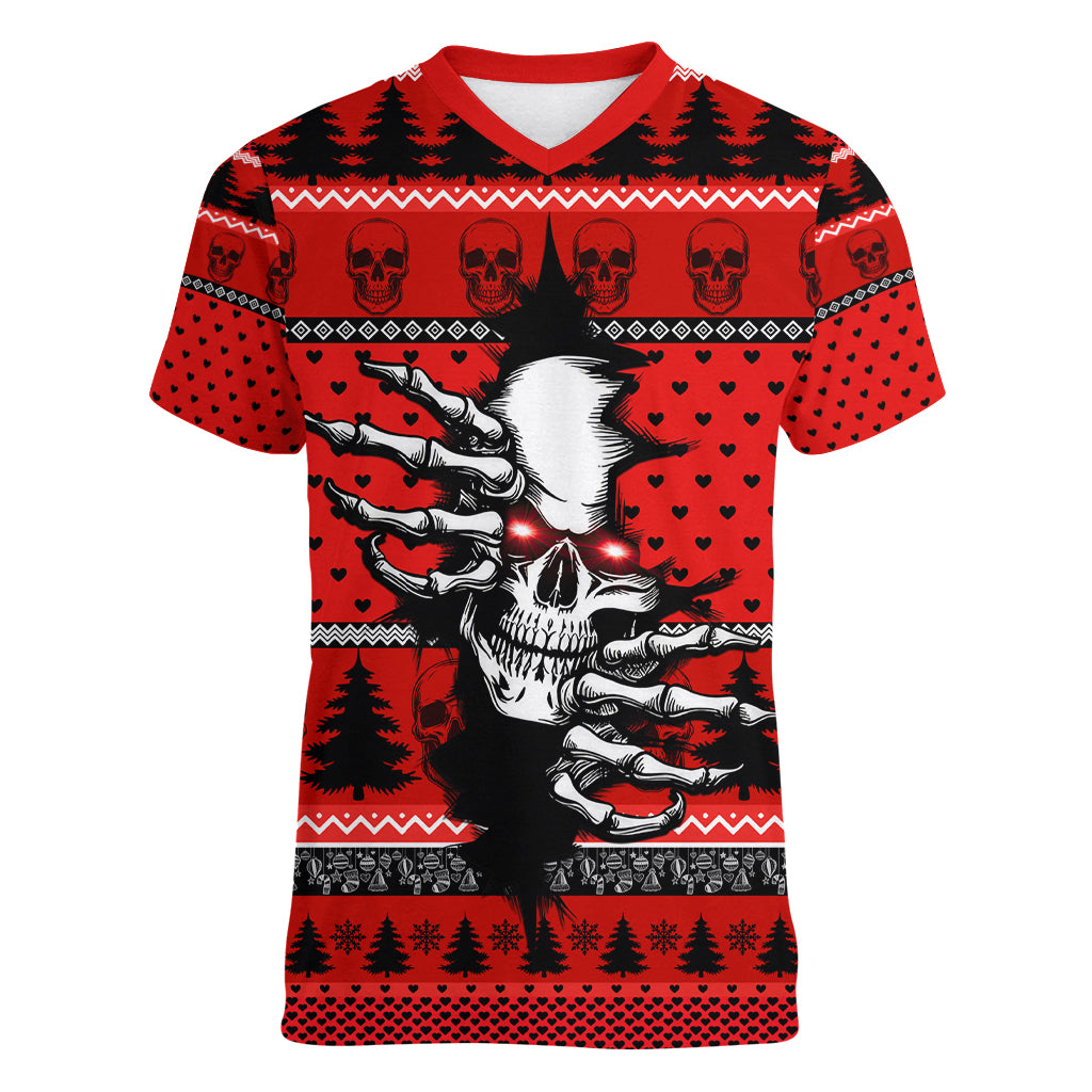 Scary Skeleton Women V Neck T Shirt Skeleton Inside Ugly Christmas - Wonder Print Shop