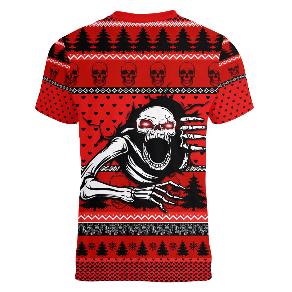 Scary Skeleton Women V Neck T Shirt Skeleton Inside Ugly Christmas - Wonder Print Shop