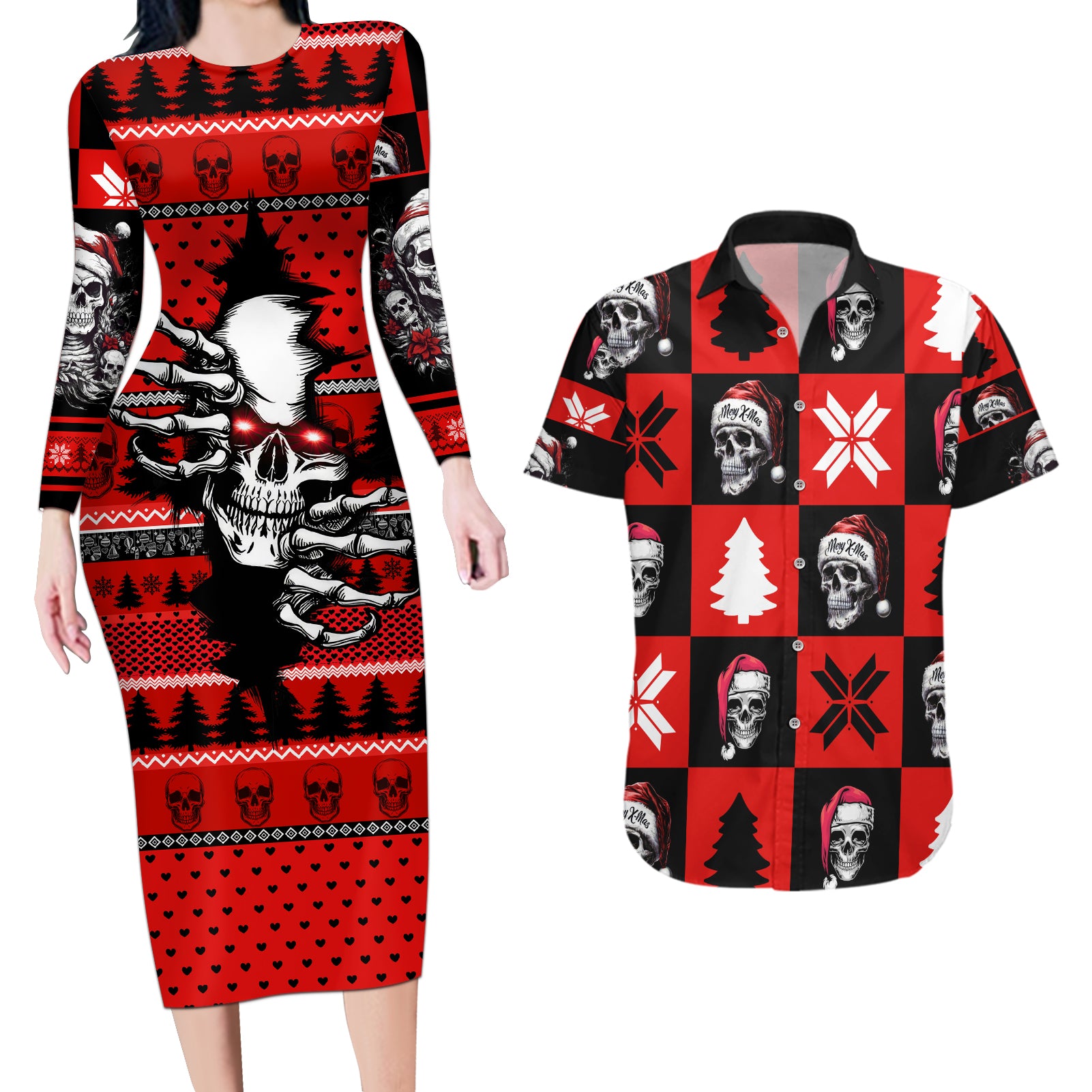 Skull Santa Couples Matching Long Sleeve Bodycon Dress and Hawaiian Shirt Pattern Skull Santa Ugly Christmas - Wonder Print Shop
