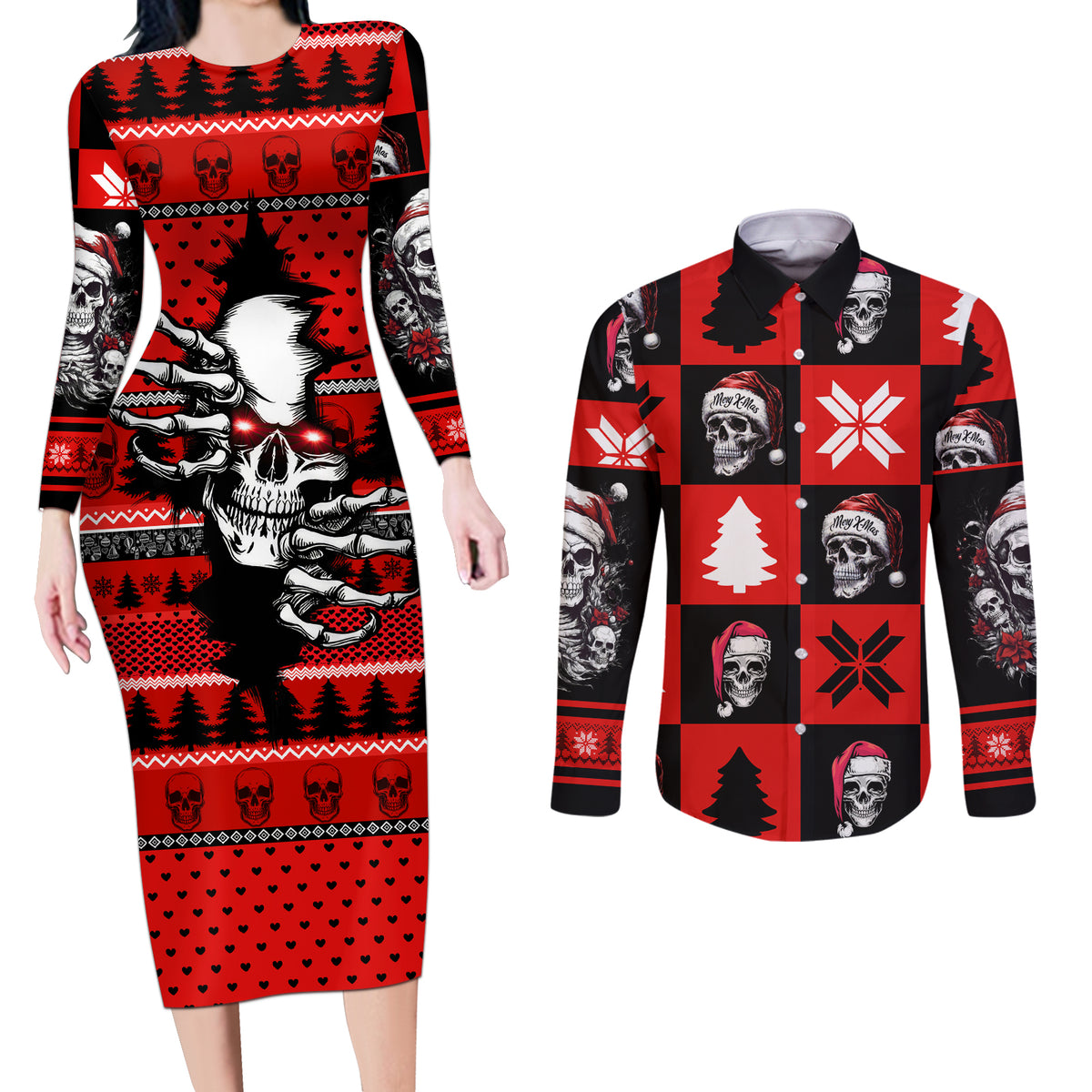 Skull Santa Couples Matching Long Sleeve Bodycon Dress and Long Sleeve Button Shirt Pattern Skull Santa Ugly Christmas - Wonder Print Shop