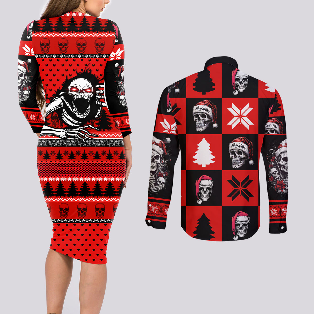Skull Santa Couples Matching Long Sleeve Bodycon Dress and Long Sleeve Button Shirt Pattern Skull Santa Ugly Christmas - Wonder Print Shop