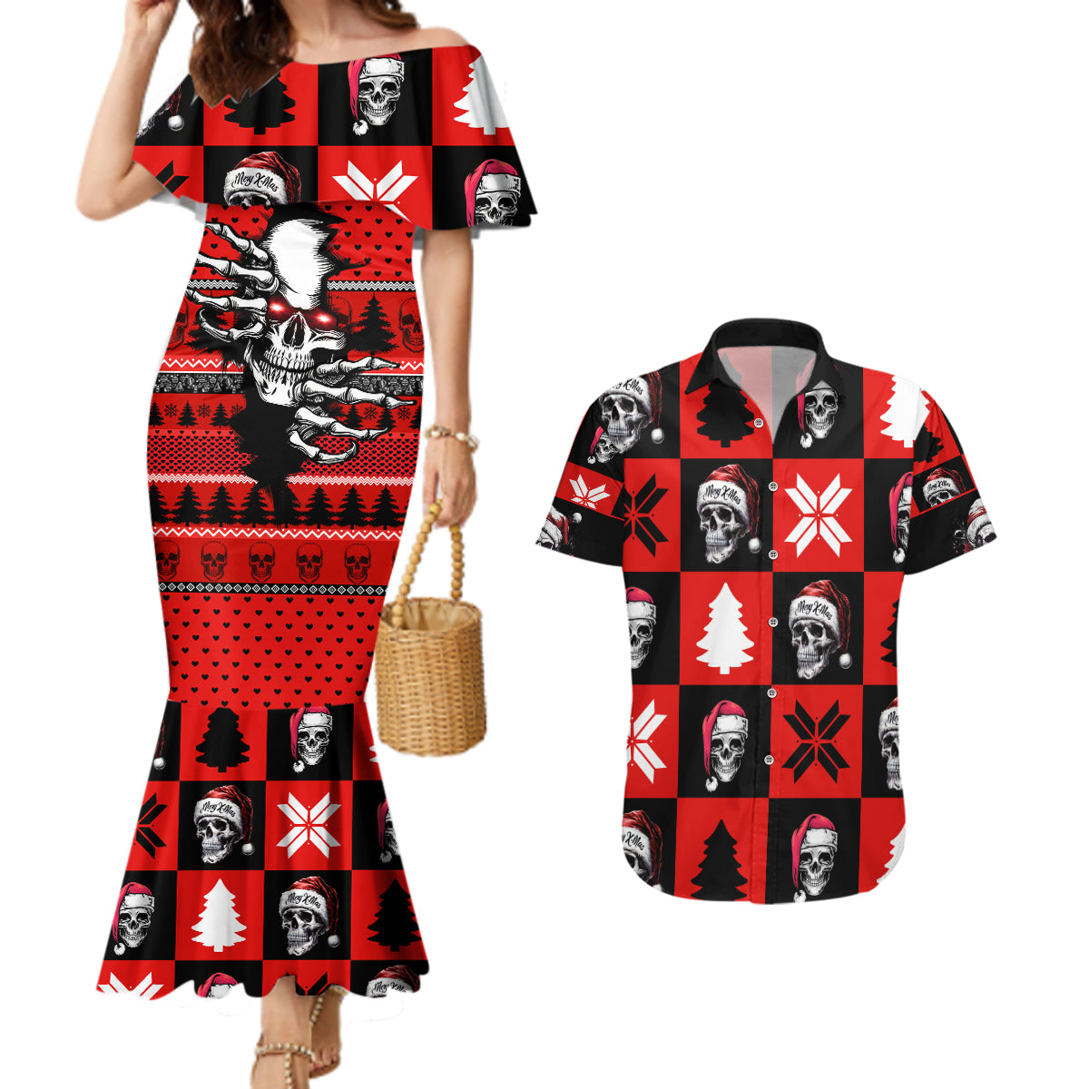 Skull Santa Couples Matching Mermaid Dress and Hawaiian Shirt Pattern Skull Santa Ugly Christmas - Wonder Print Shop