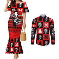 skull-santa-couples-matching-mermaid-dress-and-long-sleeve-button-shirt-pattern-skull-santa-ugly-christmas
