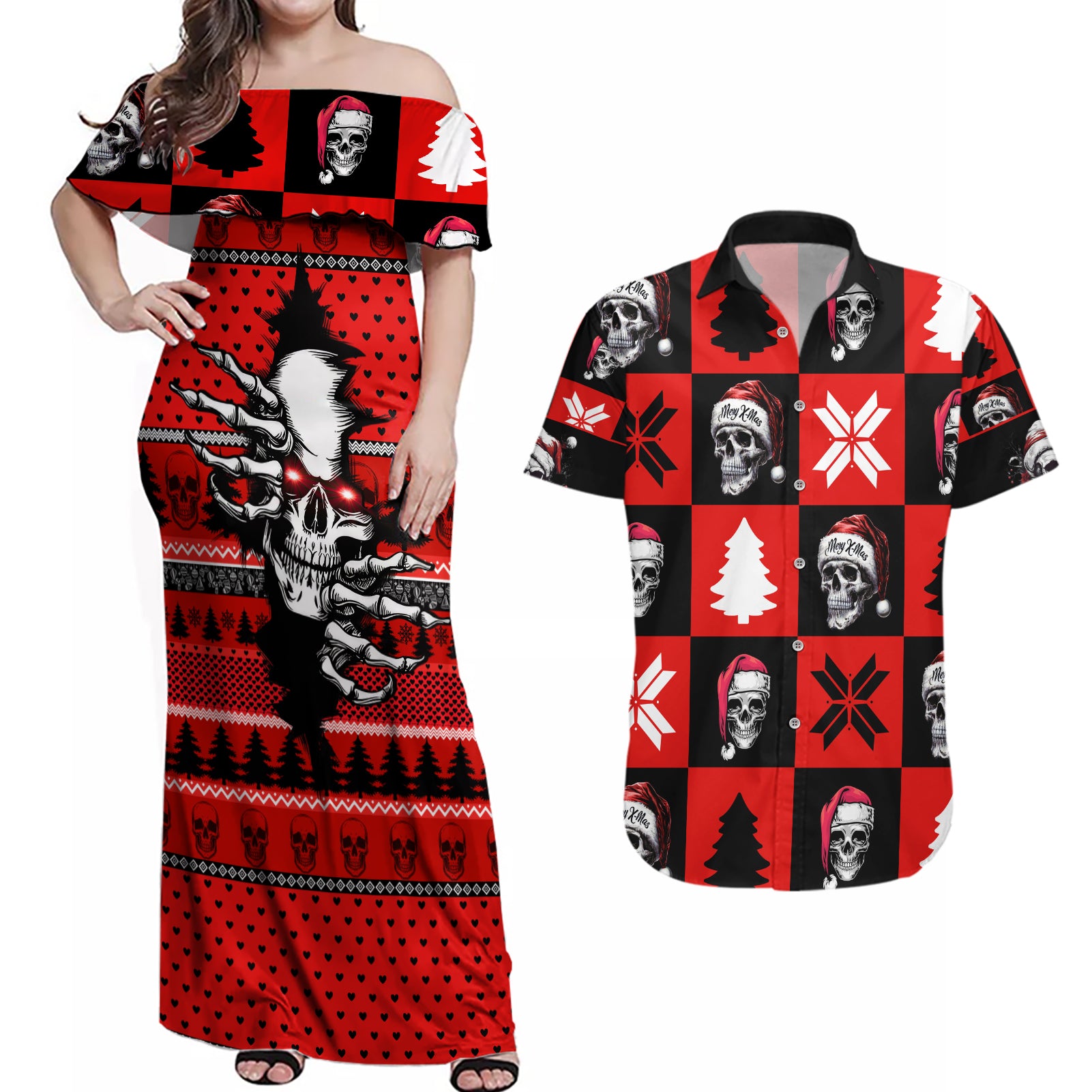Skull Santa Couples Matching Off Shoulder Maxi Dress and Hawaiian Shirt Pattern Skull Santa Ugly Christmas - Wonder Print Shop