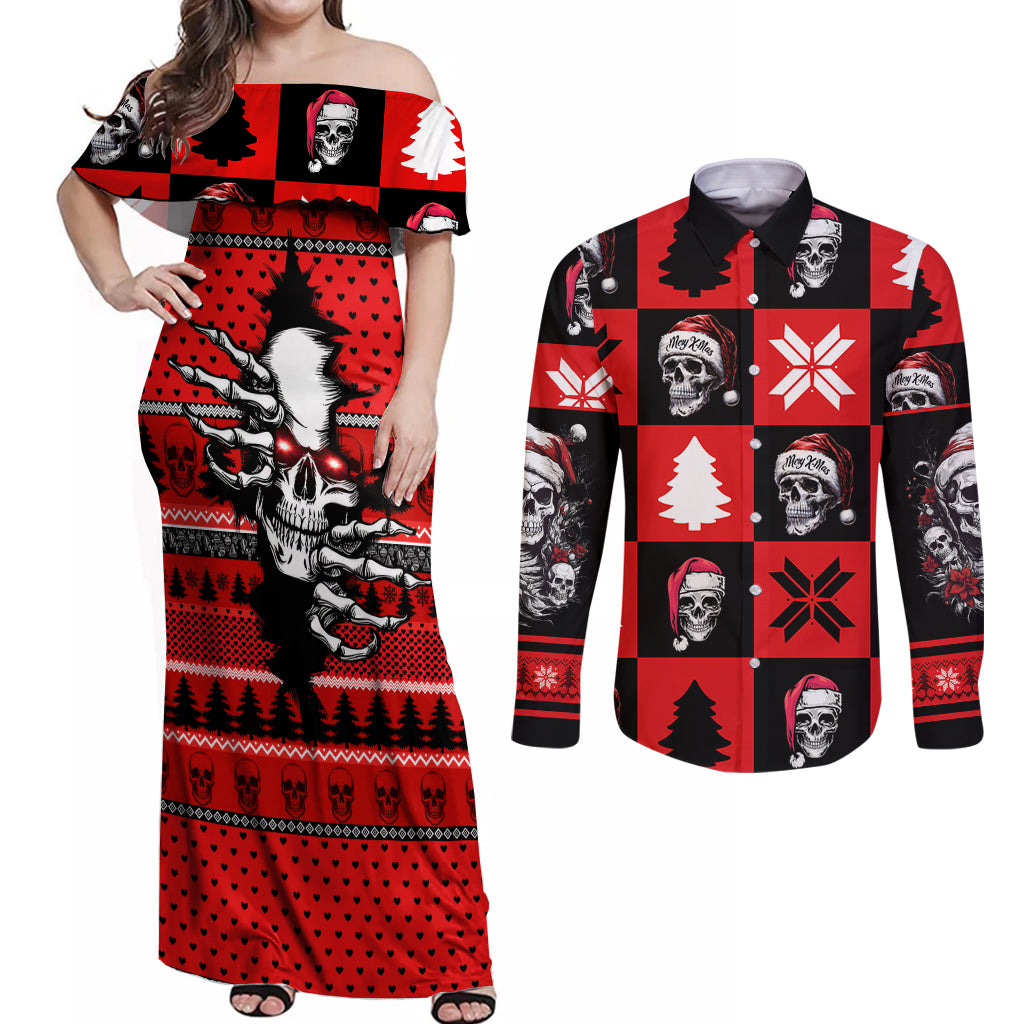 Skull Santa Couples Matching Off Shoulder Maxi Dress and Long Sleeve Button Shirt Pattern Skull Santa Ugly Christmas - Wonder Print Shop