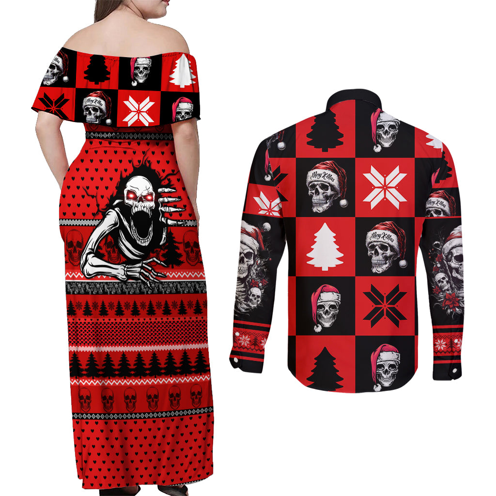 Skull Santa Couples Matching Off Shoulder Maxi Dress and Long Sleeve Button Shirt Pattern Skull Santa Ugly Christmas - Wonder Print Shop
