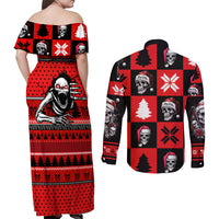 Skull Santa Couples Matching Off Shoulder Maxi Dress and Long Sleeve Button Shirt Pattern Skull Santa Ugly Christmas - Wonder Print Shop