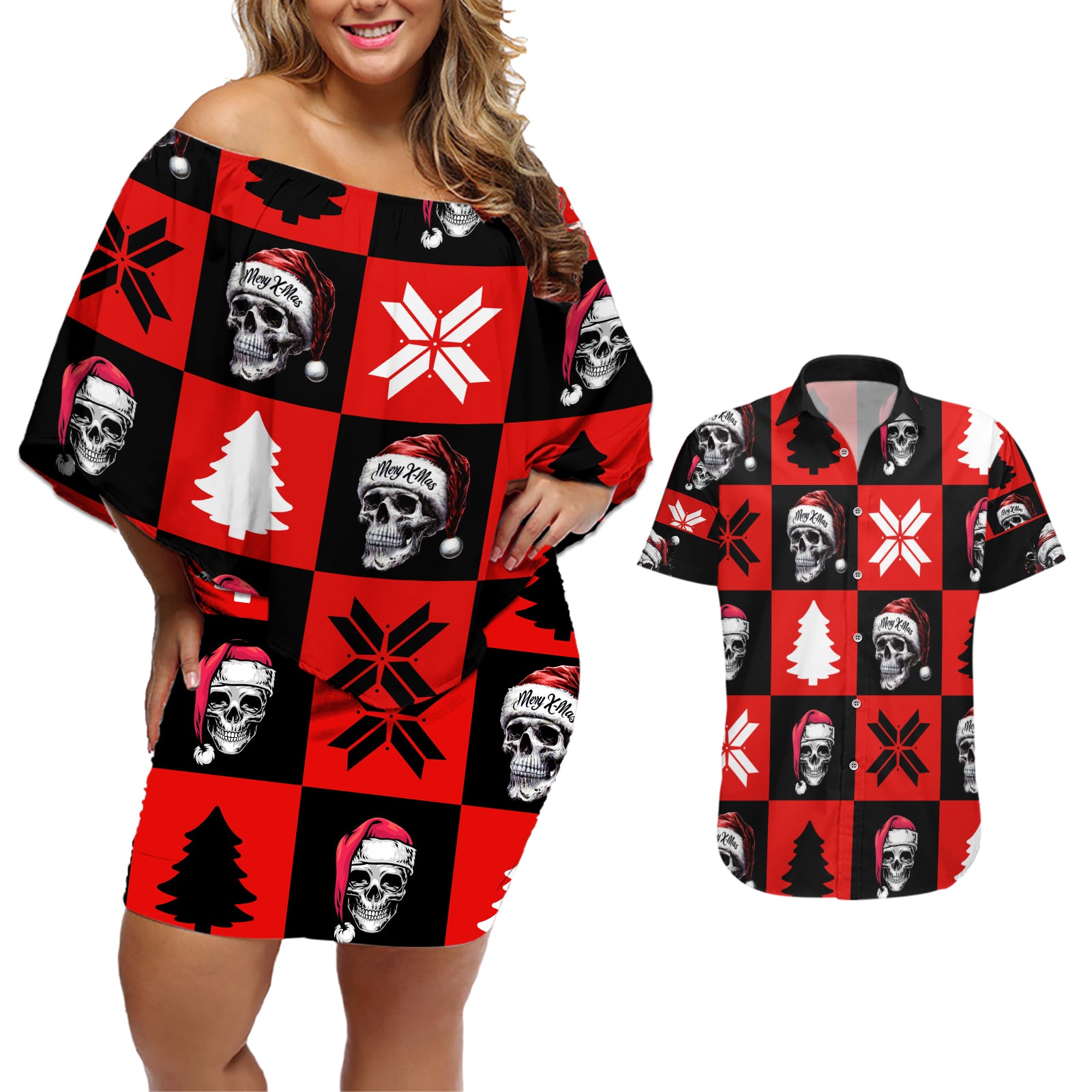 Skull Santa Couples Matching Off Shoulder Short Dress and Hawaiian Shirt Pattern Skull Santa Ugly Christmas - Wonder Print Shop