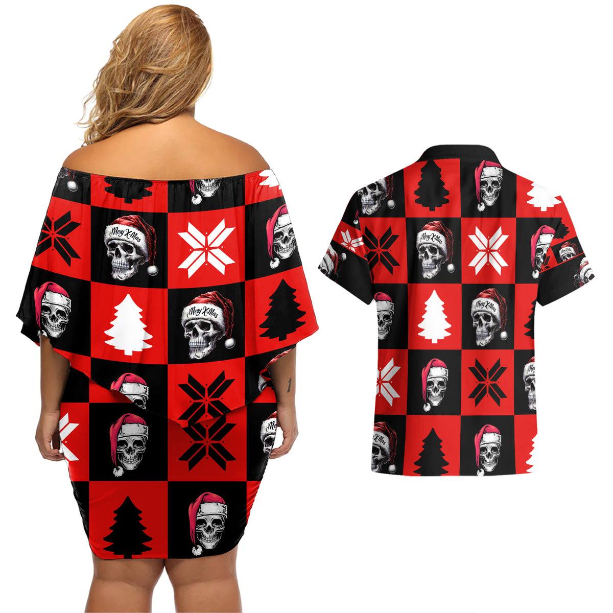 Skull Santa Couples Matching Off Shoulder Short Dress and Hawaiian Shirt Pattern Skull Santa Ugly Christmas - Wonder Print Shop