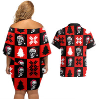 Skull Santa Couples Matching Off Shoulder Short Dress and Hawaiian Shirt Pattern Skull Santa Ugly Christmas - Wonder Print Shop