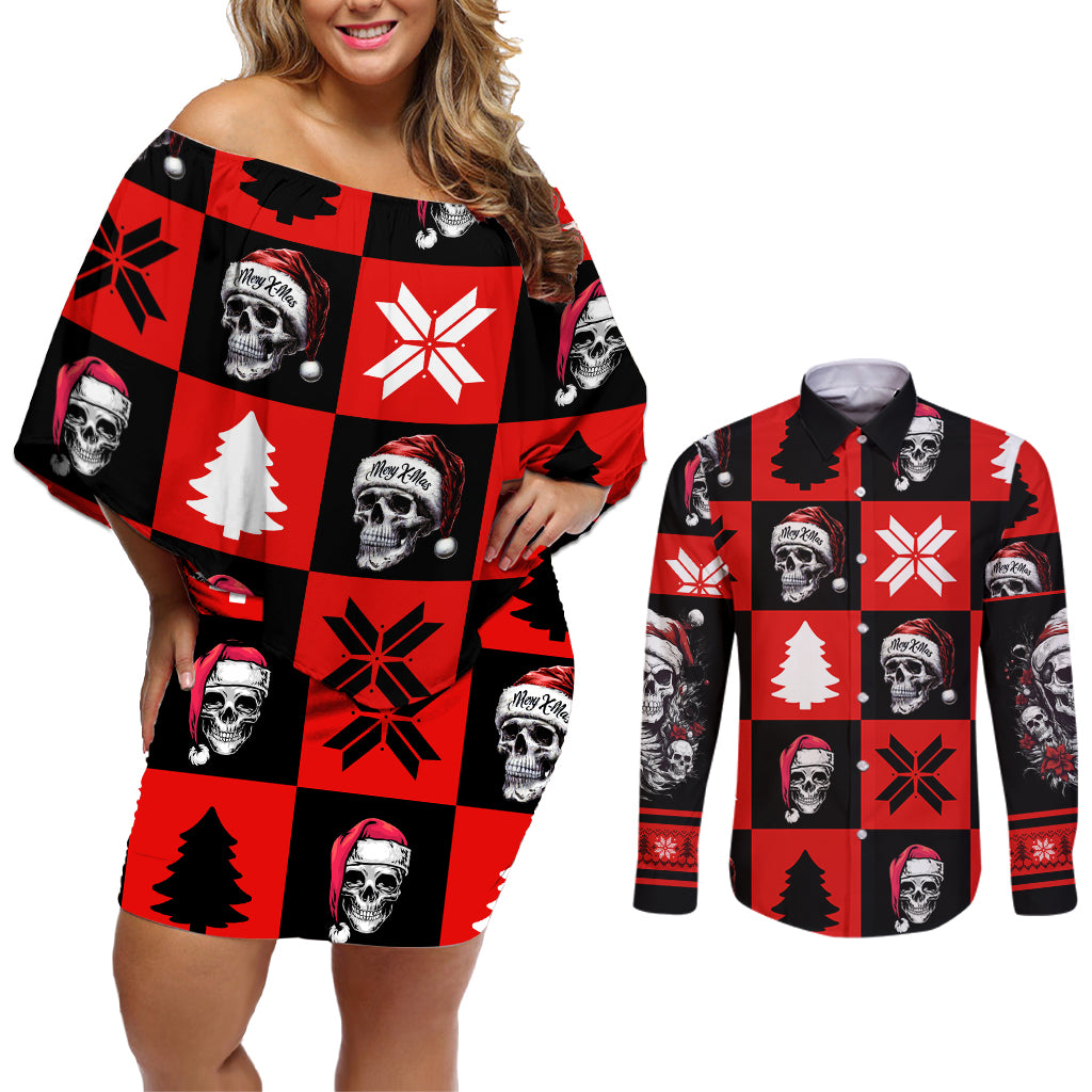 Skull Santa Couples Matching Off Shoulder Short Dress and Long Sleeve Button Shirt Pattern Skull Santa Ugly Christmas - Wonder Print Shop