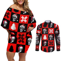 Skull Santa Couples Matching Off Shoulder Short Dress and Long Sleeve Button Shirt Pattern Skull Santa Ugly Christmas - Wonder Print Shop