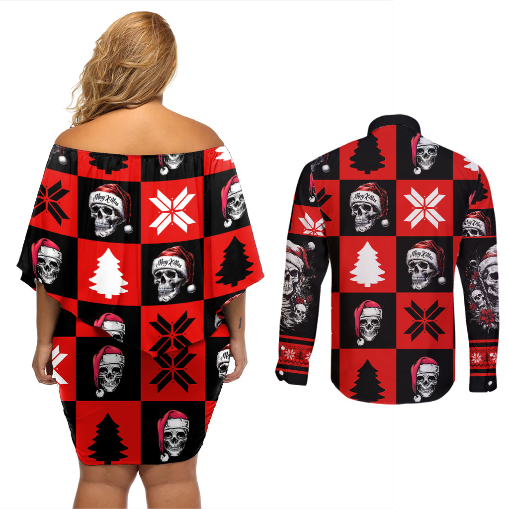 Skull Santa Couples Matching Off Shoulder Short Dress and Long Sleeve Button Shirt Pattern Skull Santa Ugly Christmas - Wonder Print Shop