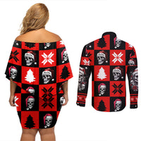 Skull Santa Couples Matching Off Shoulder Short Dress and Long Sleeve Button Shirt Pattern Skull Santa Ugly Christmas - Wonder Print Shop
