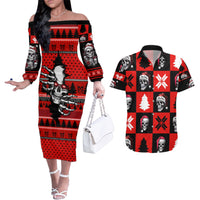 Skull Santa Couples Matching Off The Shoulder Long Sleeve Dress and Hawaiian Shirt Pattern Skull Santa Ugly Christmas - Wonder Print Shop