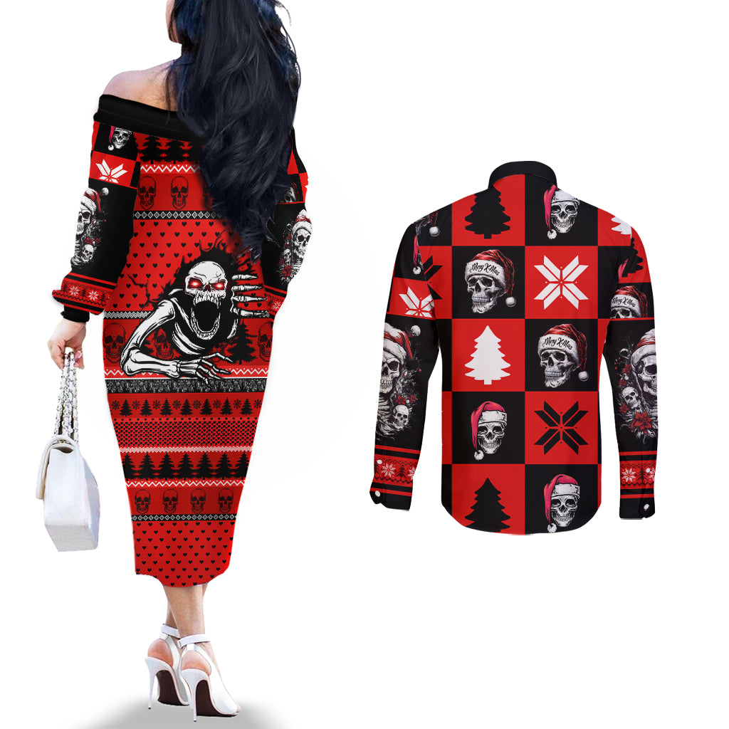 skull-santa-couples-matching-off-the-shoulder-long-sleeve-dress-and-long-sleeve-button-shirt-pattern-skull-santa-ugly-christmas