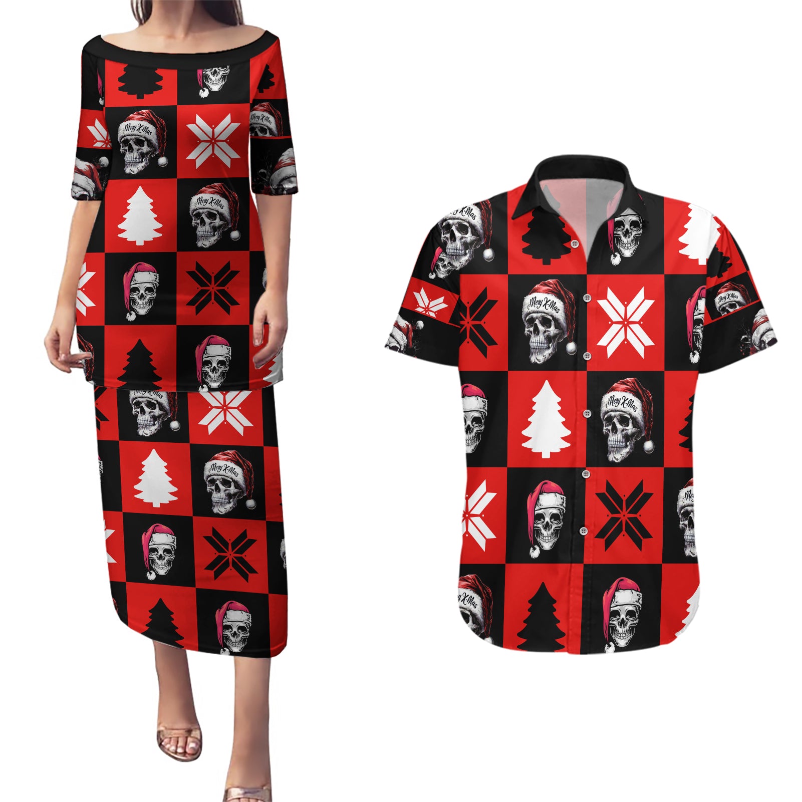 Skull Santa Couples Matching Puletasi Dress and Hawaiian Shirt Pattern Skull Santa Ugly Christmas - Wonder Print Shop