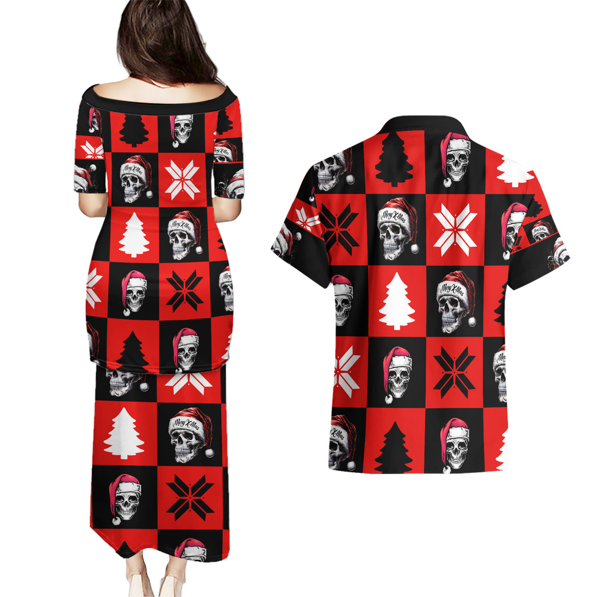 Skull Santa Couples Matching Puletasi Dress and Hawaiian Shirt Pattern Skull Santa Ugly Christmas - Wonder Print Shop