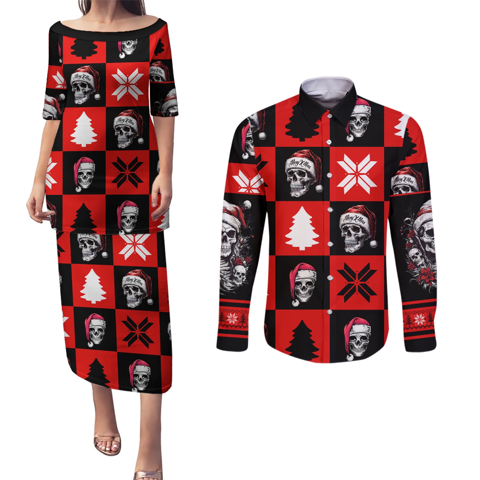 Skull Santa Couples Matching Puletasi Dress and Long Sleeve Button Shirt Pattern Skull Santa Ugly Christmas - Wonder Print Shop