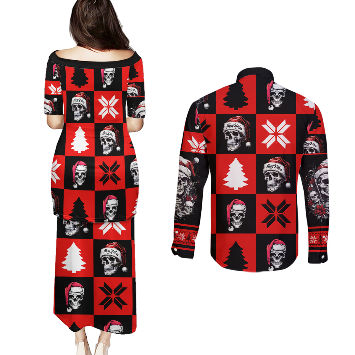 Skull Santa Couples Matching Puletasi Dress and Long Sleeve Button Shirt Pattern Skull Santa Ugly Christmas - Wonder Print Shop
