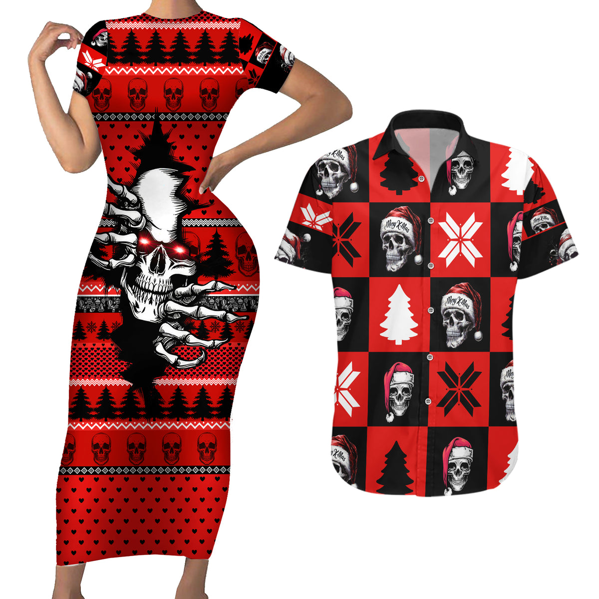 Skull Santa Couples Matching Short Sleeve Bodycon Dress and Hawaiian Shirt Pattern Skull Santa Ugly Christmas - Wonder Print Shop