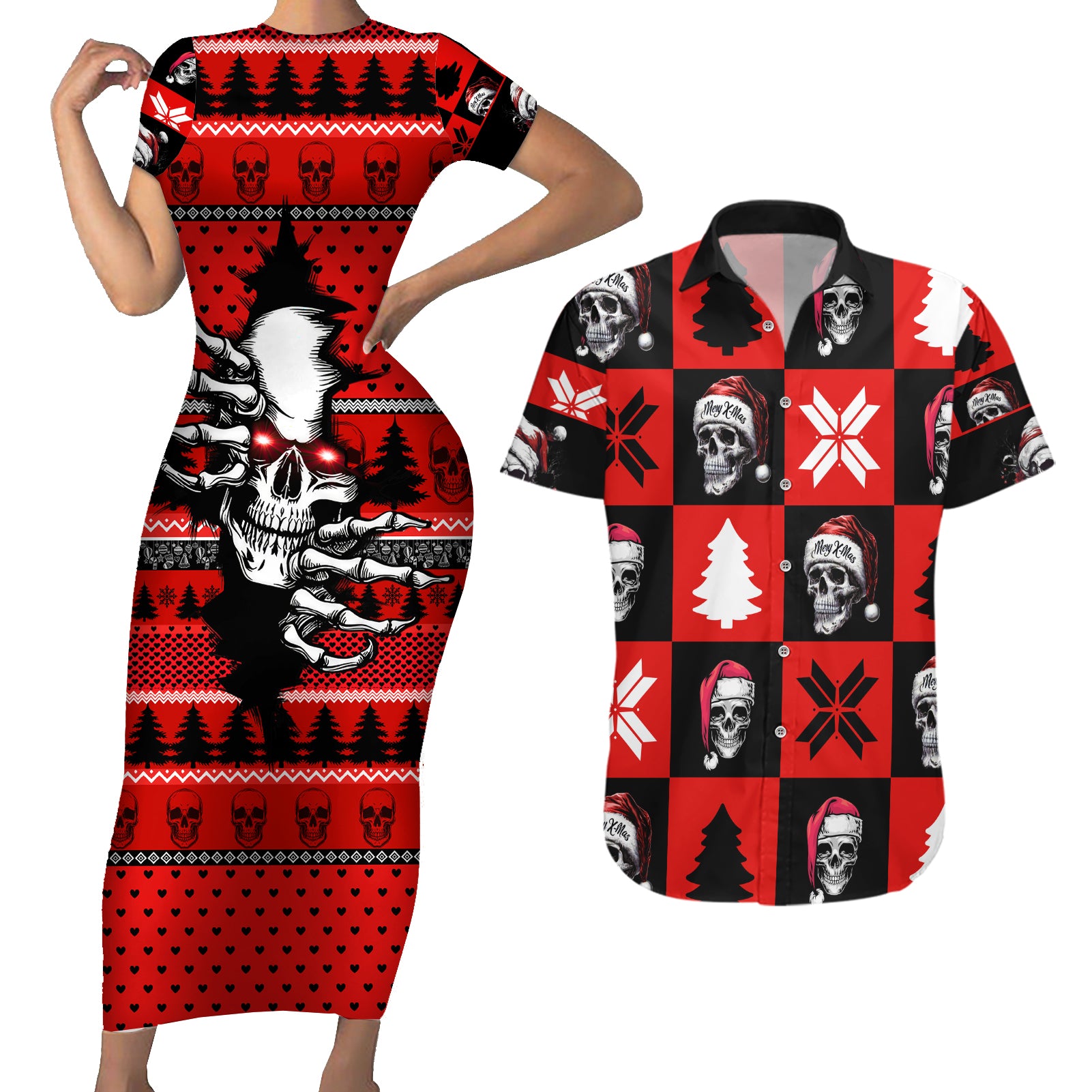 Skull Santa Couples Matching Short Sleeve Bodycon Dress and Hawaiian Shirt Pattern Skull Santa Ugly Christmas - Wonder Print Shop