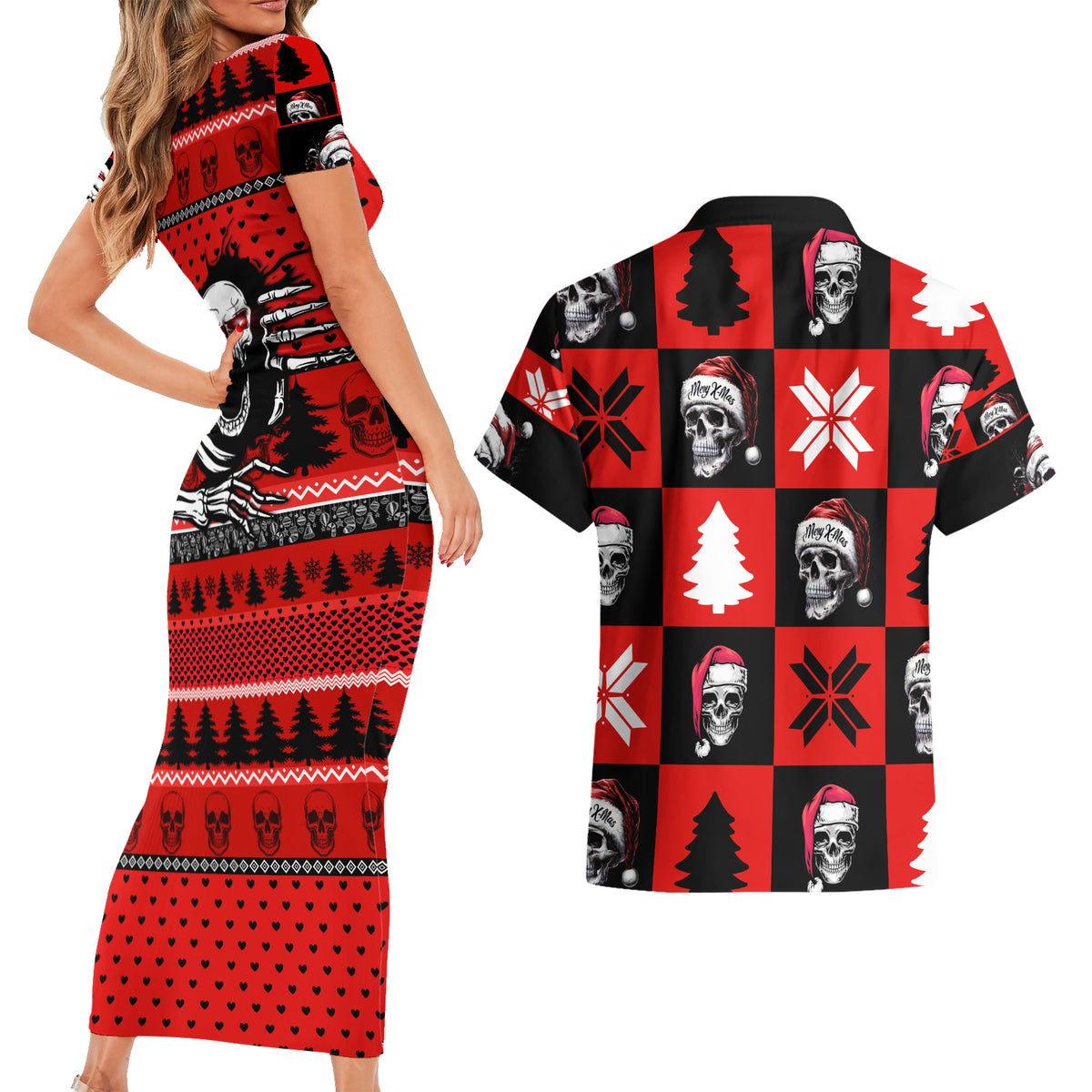 Skull Santa Couples Matching Short Sleeve Bodycon Dress and Hawaiian Shirt Pattern Skull Santa Ugly Christmas - Wonder Print Shop