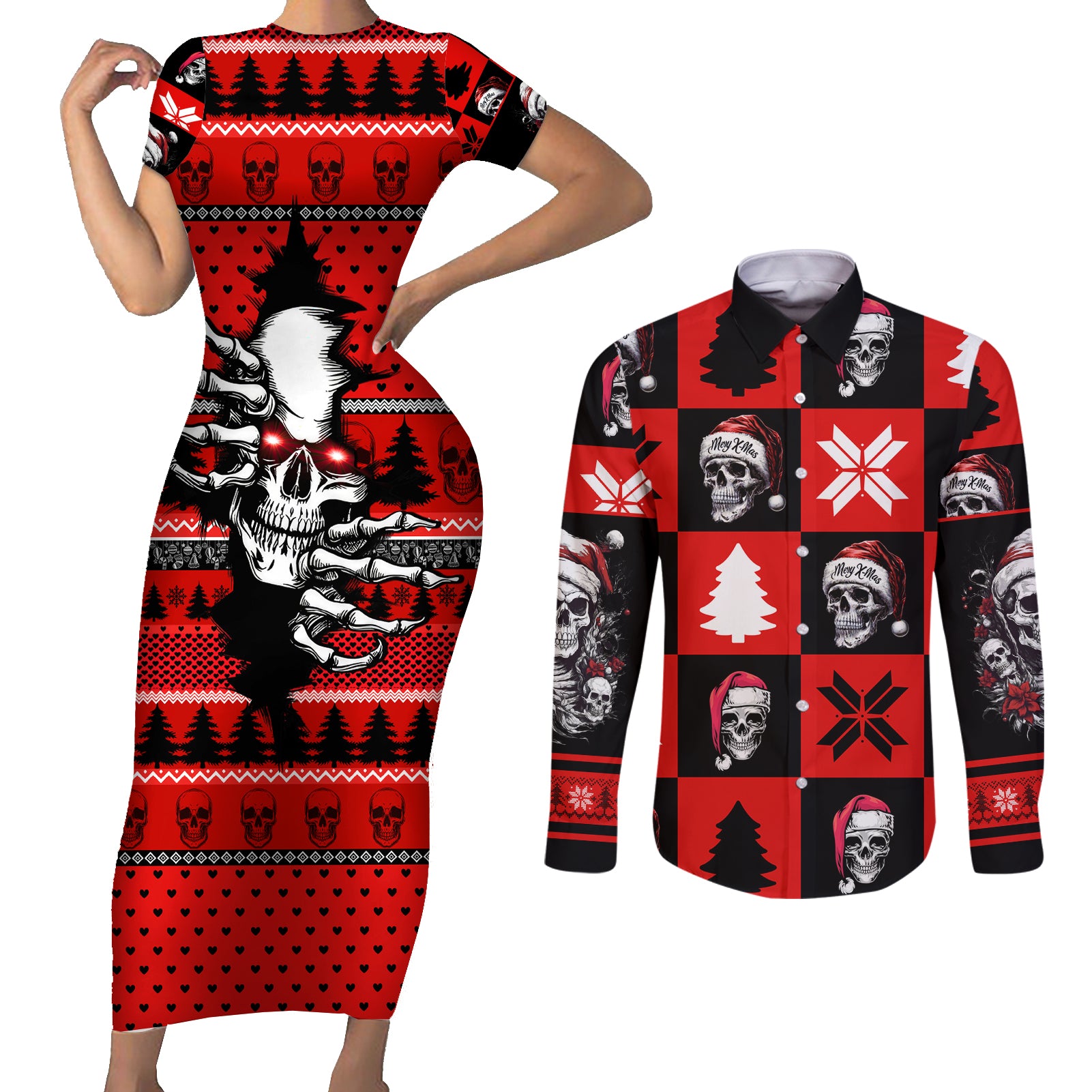 Skull Santa Couples Matching Short Sleeve Bodycon Dress and Long Sleeve Button Shirt Pattern Skull Santa Ugly Christmas - Wonder Print Shop