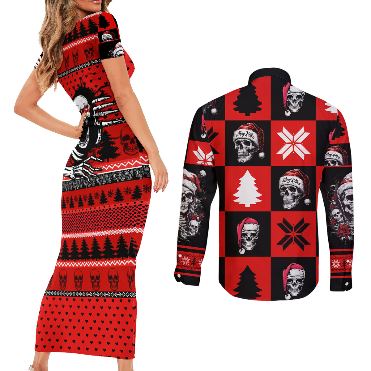 Skull Santa Couples Matching Short Sleeve Bodycon Dress and Long Sleeve Button Shirt Pattern Skull Santa Ugly Christmas - Wonder Print Shop