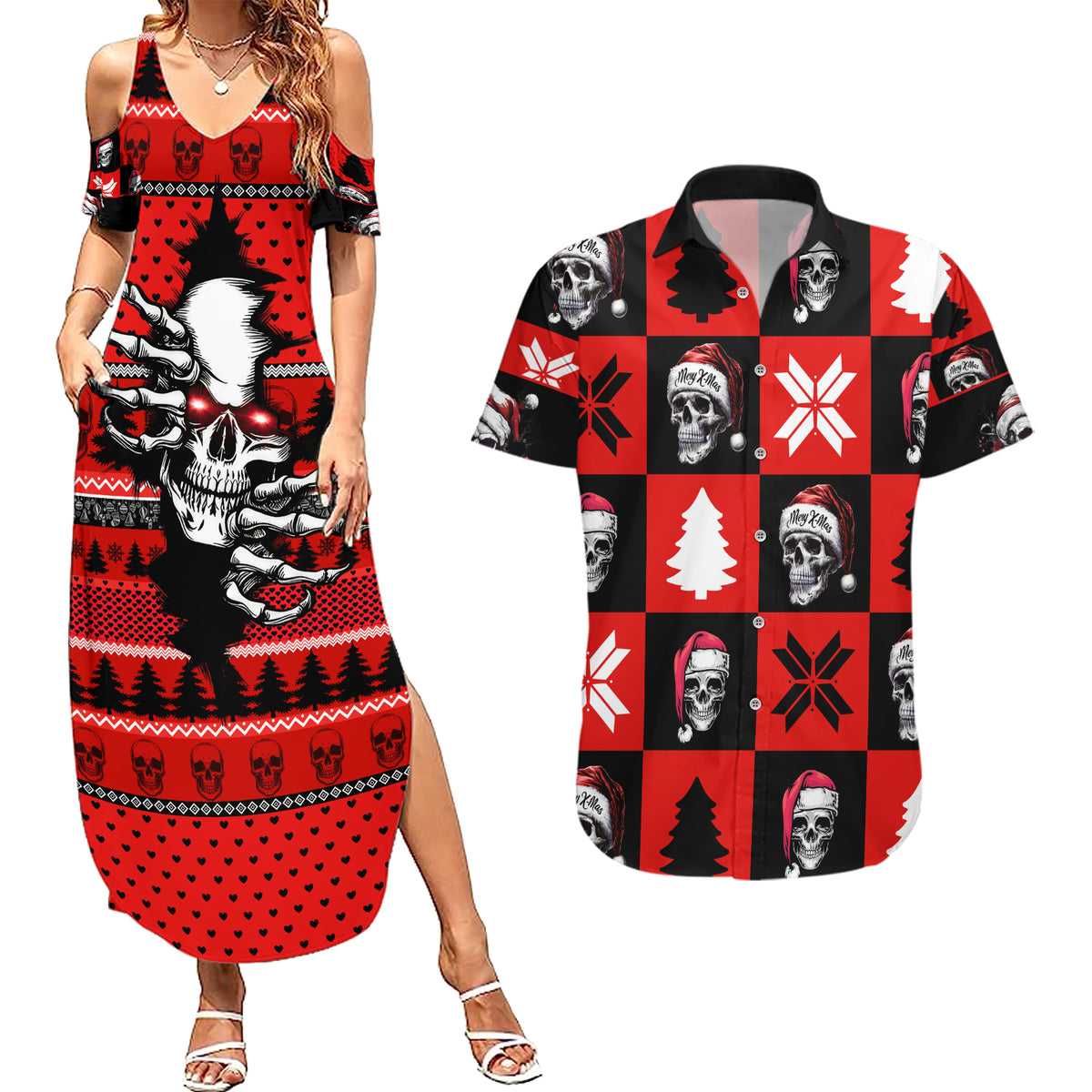 Skull Santa Couples Matching Summer Maxi Dress and Hawaiian Shirt Pattern Skull Santa Ugly Christmas - Wonder Print Shop