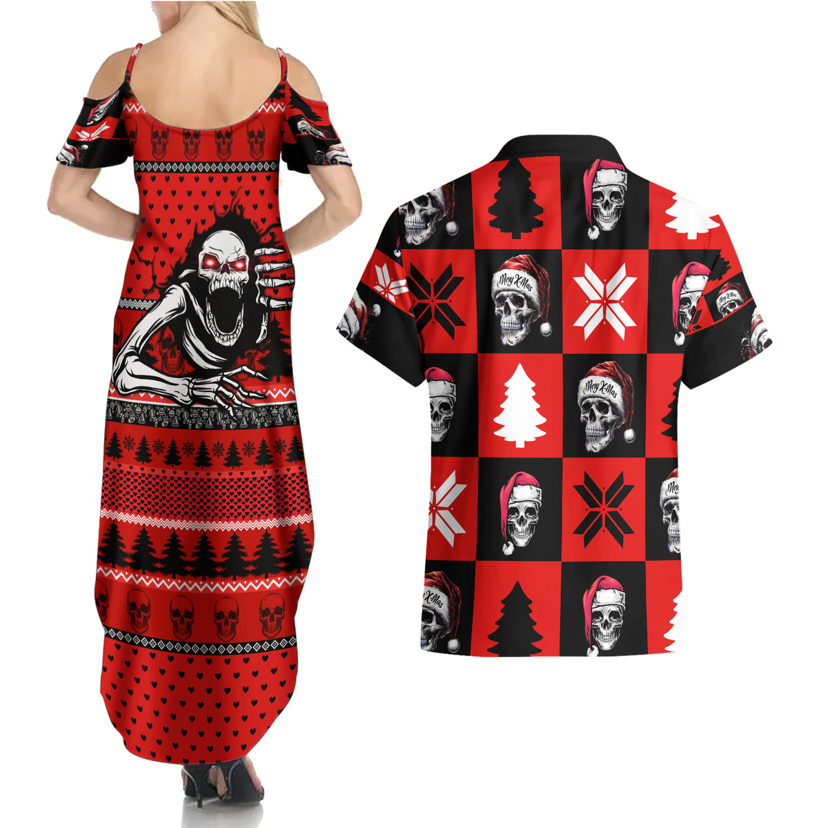 Skull Santa Couples Matching Summer Maxi Dress and Hawaiian Shirt Pattern Skull Santa Ugly Christmas - Wonder Print Shop