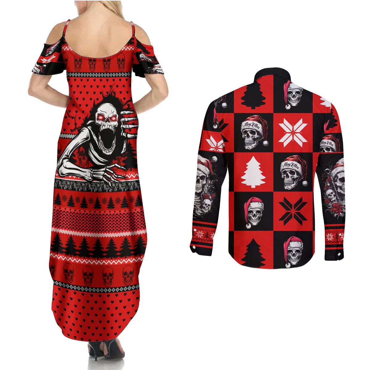 Skull Santa Couples Matching Summer Maxi Dress and Long Sleeve Button Shirt Pattern Skull Santa Ugly Christmas - Wonder Print Shop