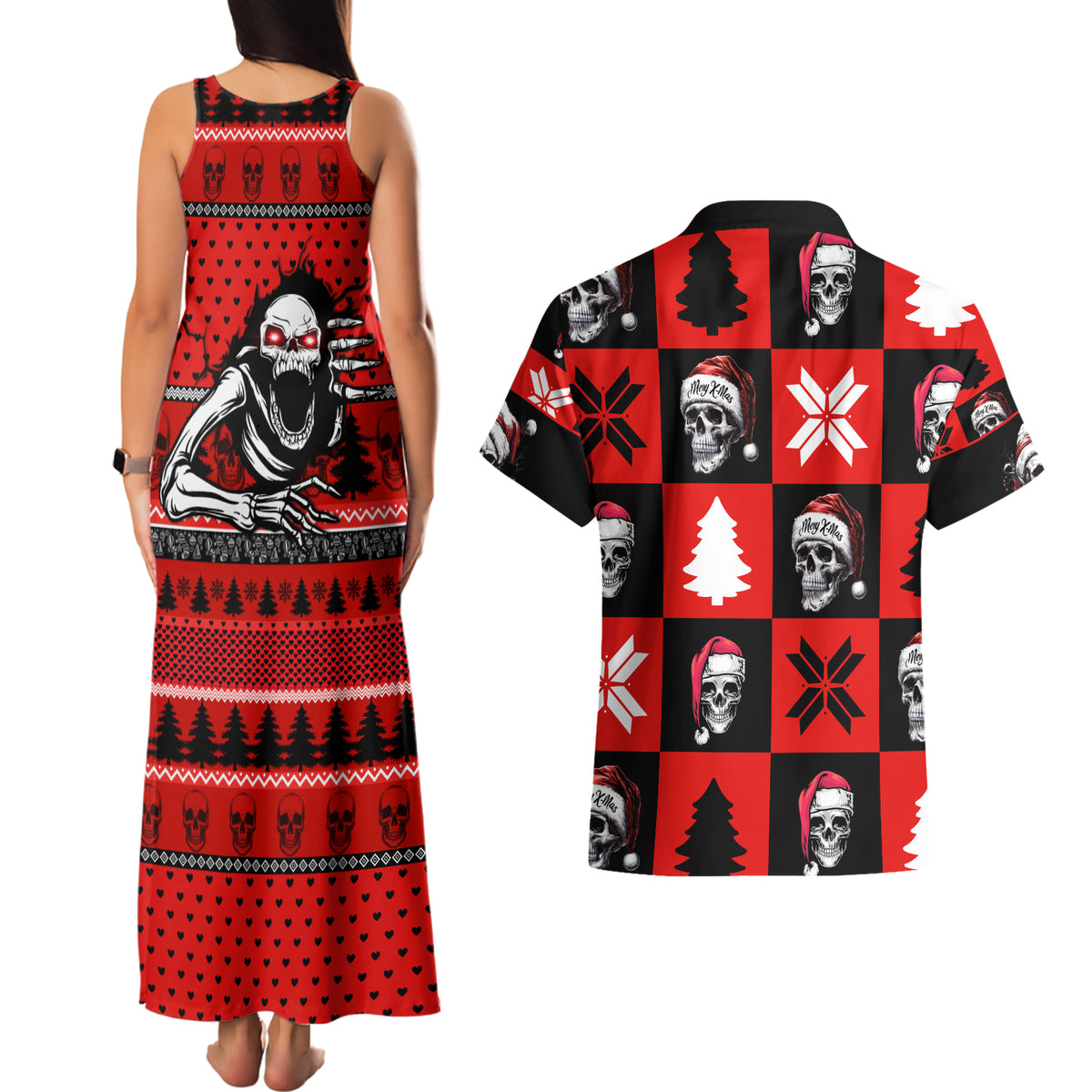 Skull Santa Couples Matching Tank Maxi Dress and Hawaiian Shirt Pattern Skull Santa Ugly Christmas - Wonder Print Shop