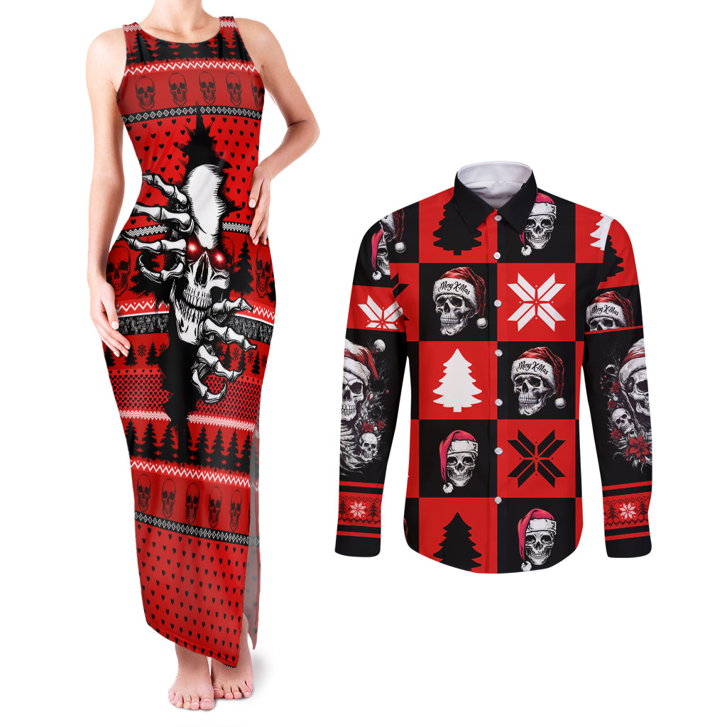 Skull Santa Couples Matching Tank Maxi Dress and Long Sleeve Button Shirt Pattern Skull Santa Ugly Christmas - Wonder Print Shop