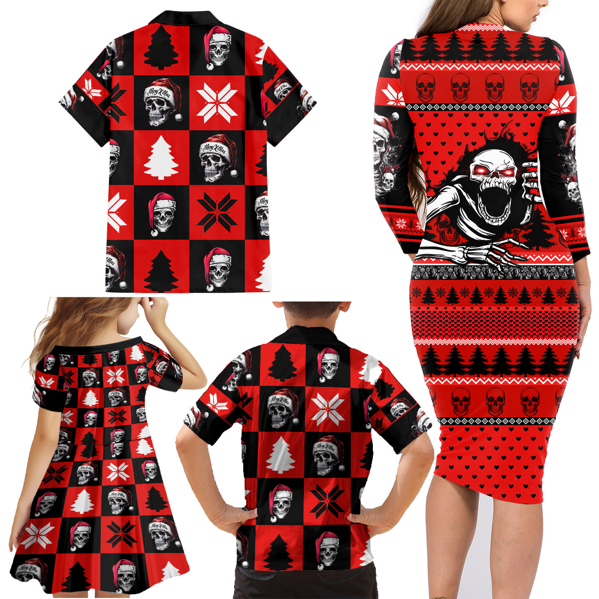 Skull Santa Family Matching Long Sleeve Bodycon Dress and Hawaiian Shirt Pattern Skull Santa Ugly Christmas - Wonder Print Shop