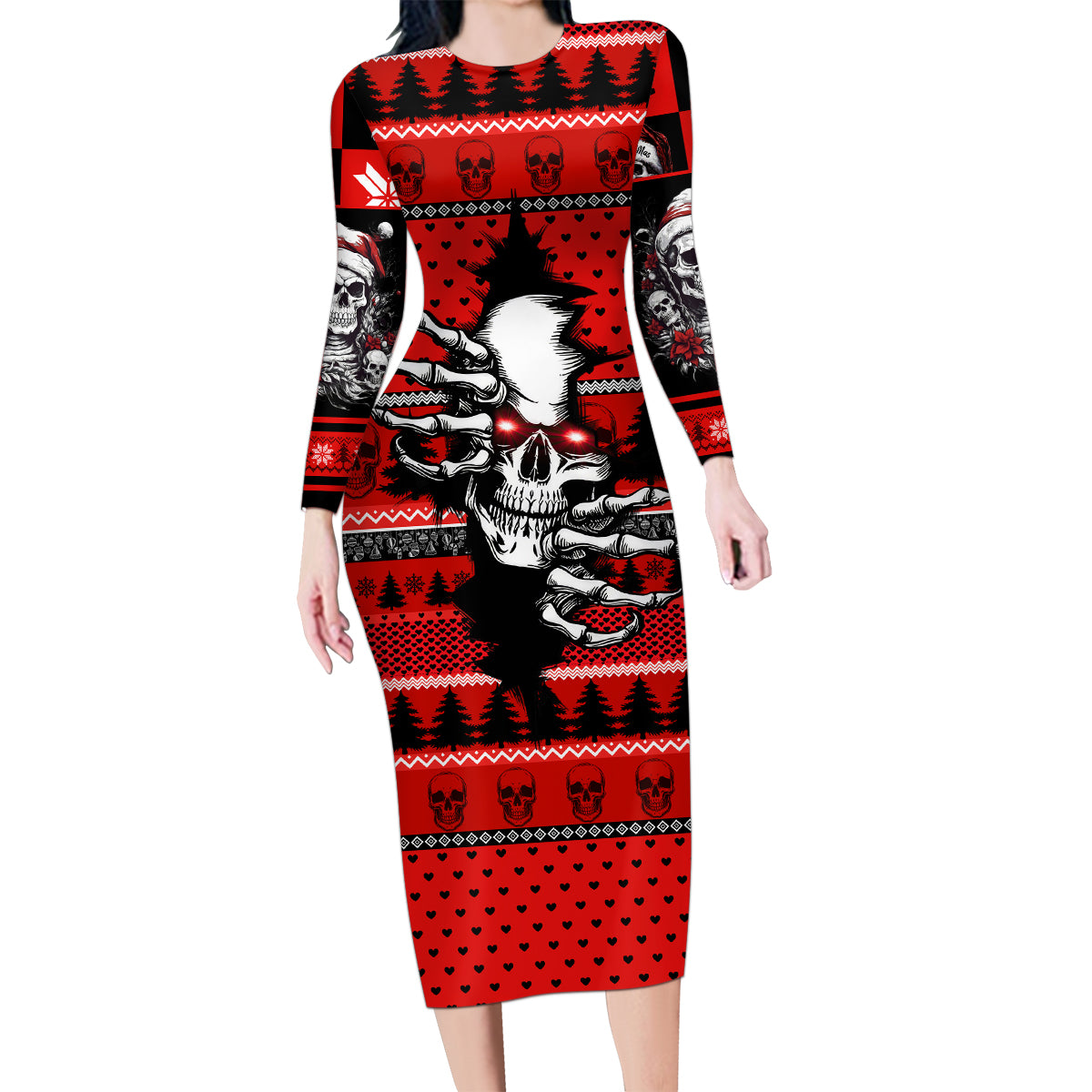 Skull Santa Family Matching Long Sleeve Bodycon Dress and Hawaiian Shirt Pattern Skull Santa Ugly Christmas - Wonder Print Shop