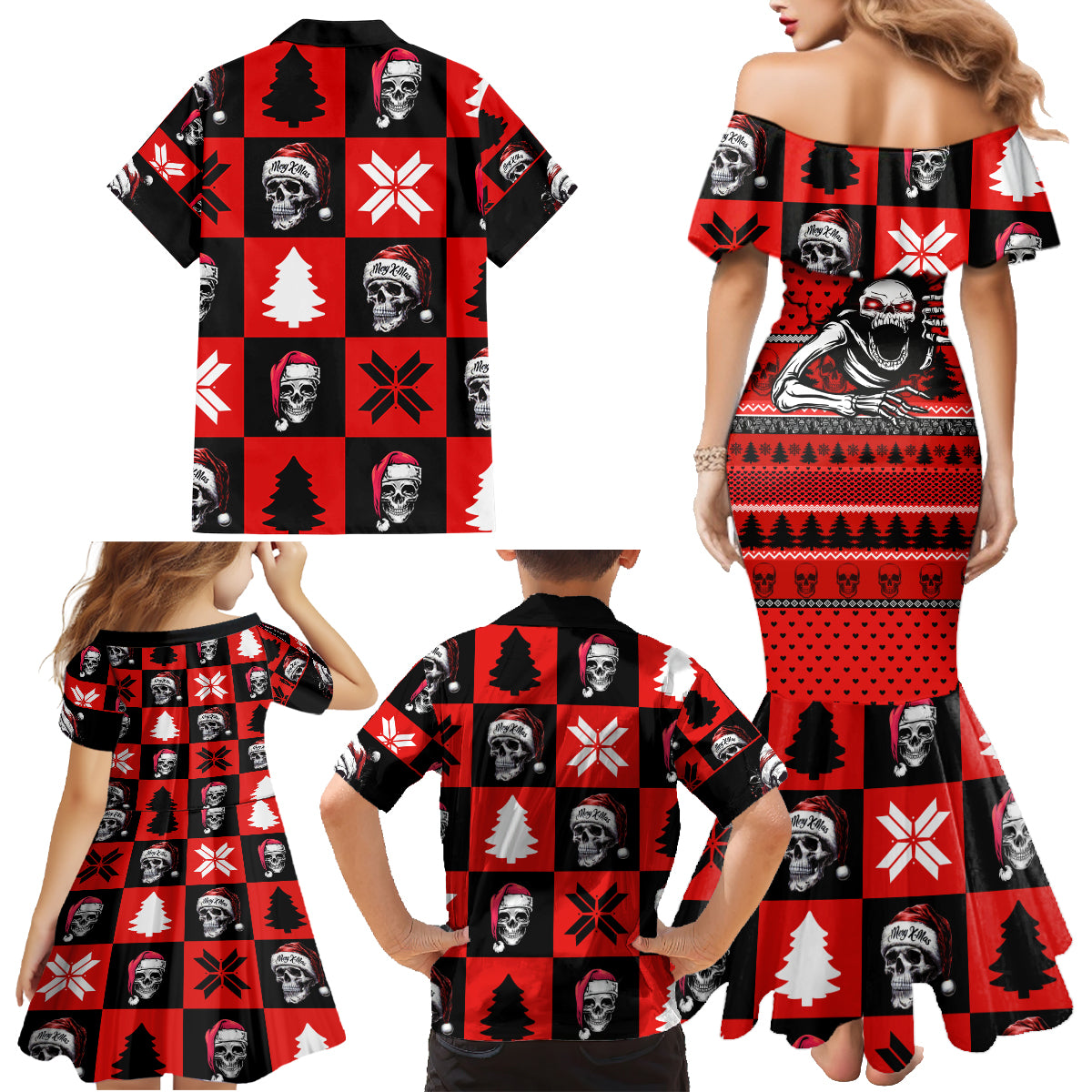 Skull Santa Family Matching Mermaid Dress and Hawaiian Shirt Pattern Skull Santa Ugly Christmas - Wonder Print Shop