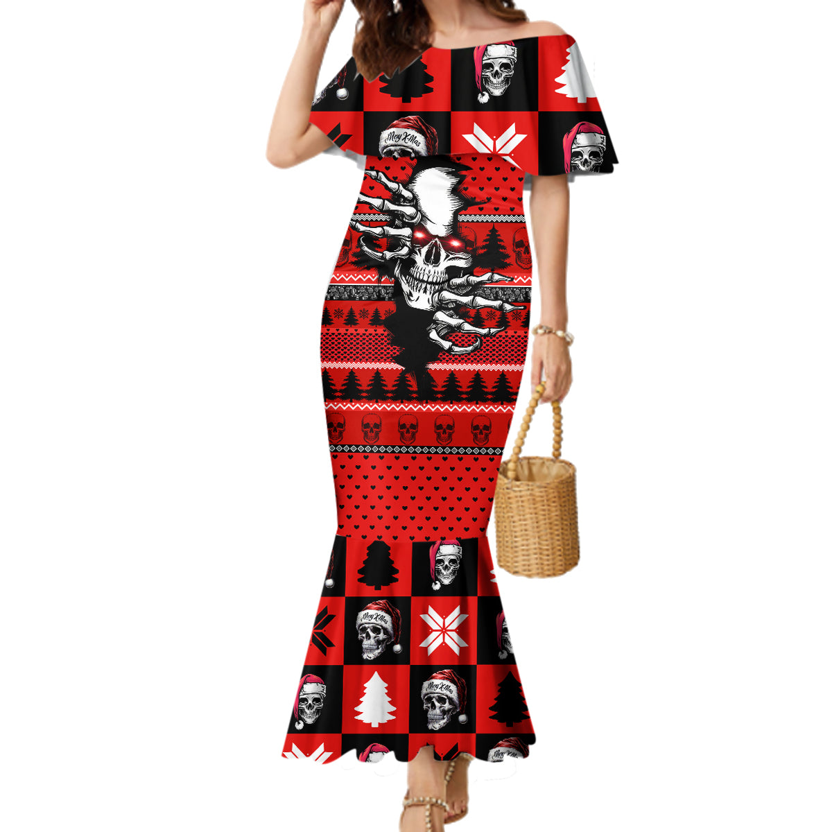 Skull Santa Family Matching Mermaid Dress and Hawaiian Shirt Pattern Skull Santa Ugly Christmas - Wonder Print Shop