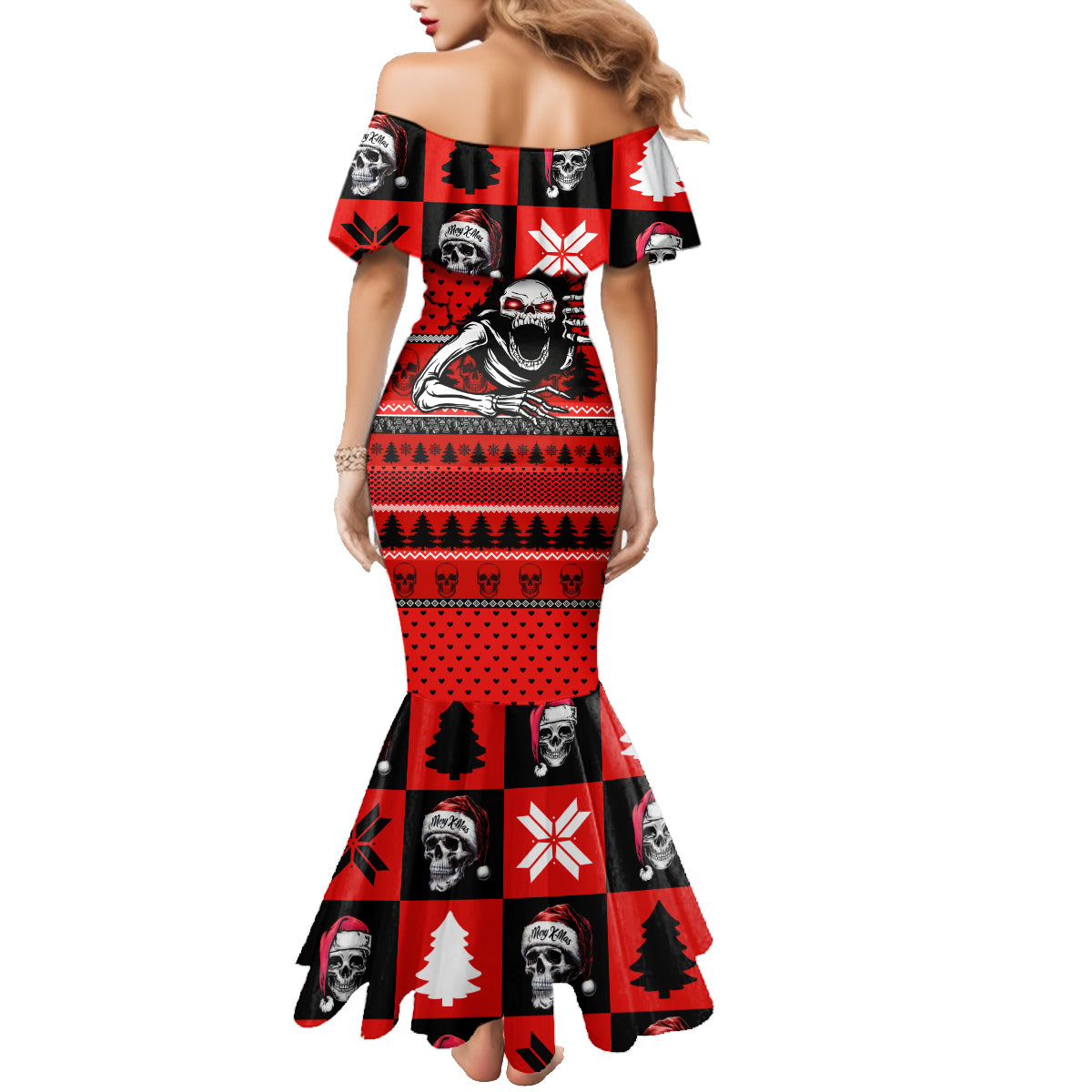 Skull Santa Family Matching Mermaid Dress and Hawaiian Shirt Pattern Skull Santa Ugly Christmas - Wonder Print Shop