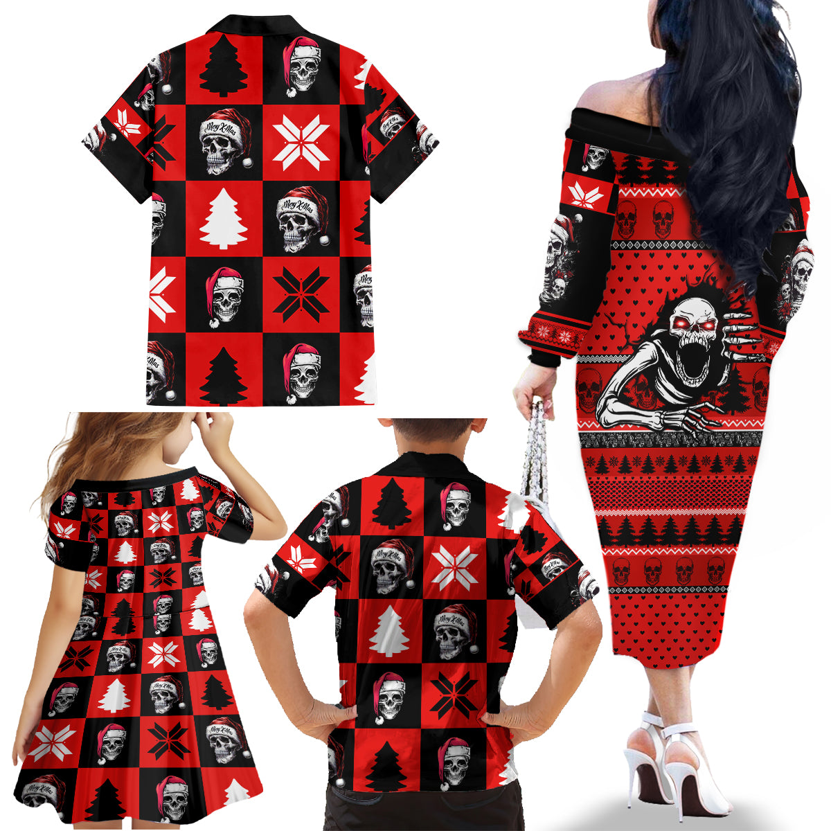 Skull Santa Family Matching Off Shoulder Long Sleeve Dress and Hawaiian Shirt Pattern Skull Santa Ugly Christmas - Wonder Print Shop