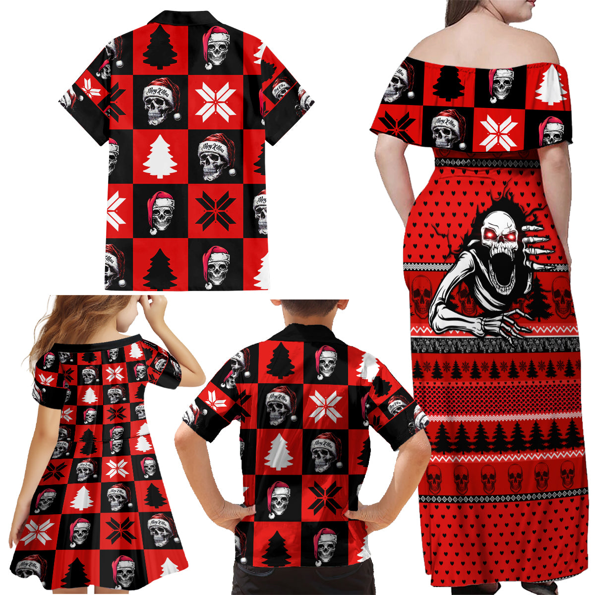 Skull Santa Family Matching Off Shoulder Maxi Dress and Hawaiian Shirt Pattern Skull Santa Ugly Christmas - Wonder Print Shop